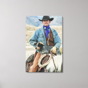 Cowboy und Hund auf Pferd Leinwanddruck