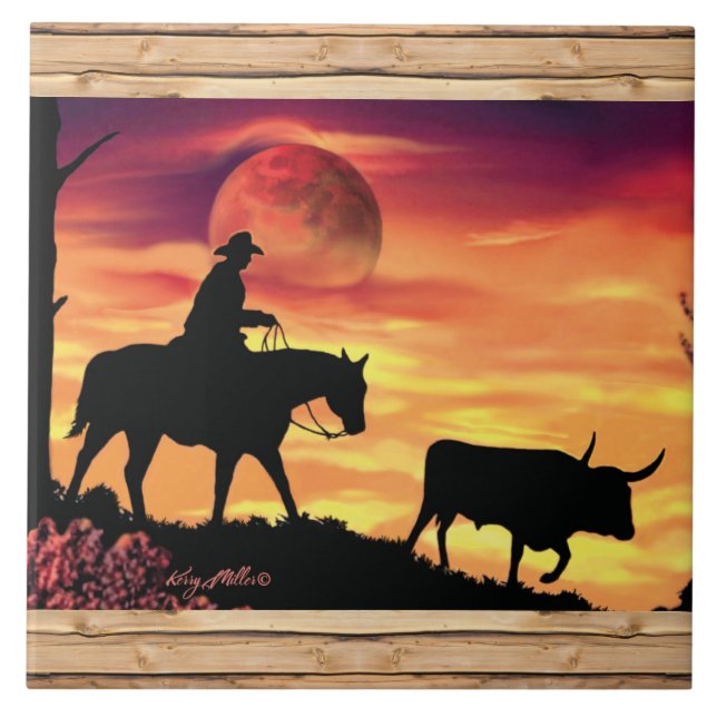 Cowboy und Longhorn Keramik Tile Fliese (Vorderseite)
