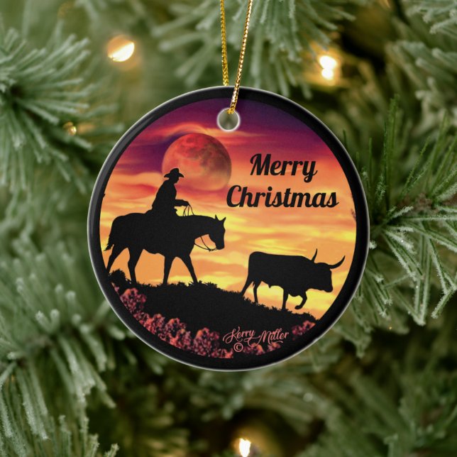Cowboy und Longhorn Steer Keramik Ornament (Baum)