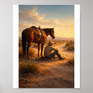 Cowboy und Pferd bei Sonnenuntergang Poster