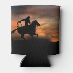 Cowboy und Pferd beim Lassowerfen und Sonnenunterg Dosenkühler