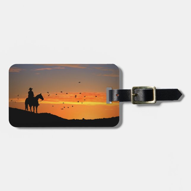 Cowboy und Pferd im Sonnenuntergang Gepäckanhänger (Vorderseite horizontal)