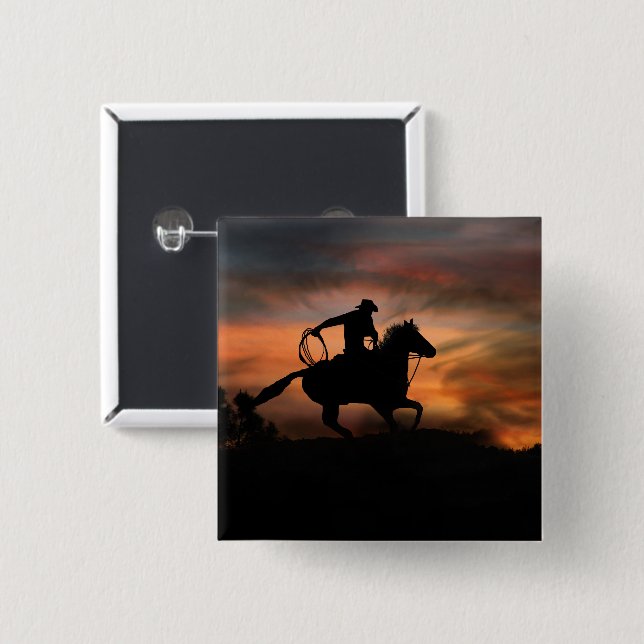 Cowboy und Pferd laufen im Sonnenuntergang Button (Vorne & Hinten)