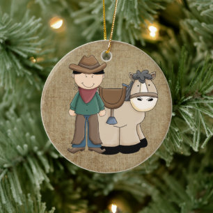 Cowboy und sein Pony und Sheriff-Abzeichen Keramik Ornament