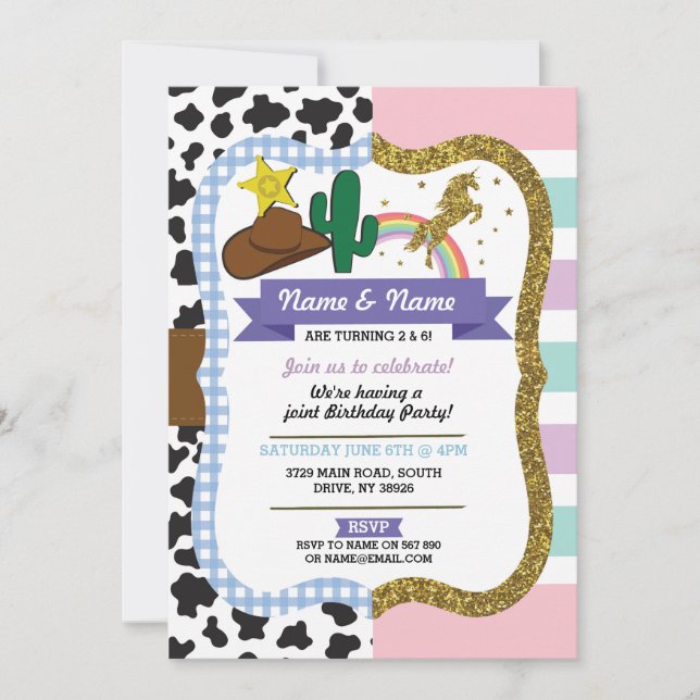 Cowboy & Unicorn Boys Girls Birthday Invitations (Devant)