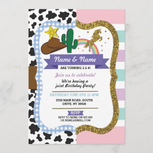 Cowboy & Unicorn Boys Girls Birthday Invitations