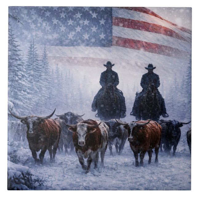 Cowboy-Viehtrieb-Winterkunstwerk Fliese (Vorderseite)