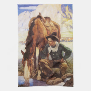 Cowboy Watering Seines Pferdes durch NC Wyeth, Vin Geschirrtuch