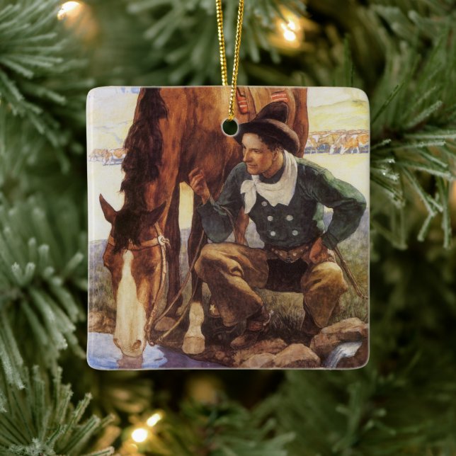 Cowboy Watering Seines Pferdes durch NC Wyeth, Vin Keramikornament (Baum)