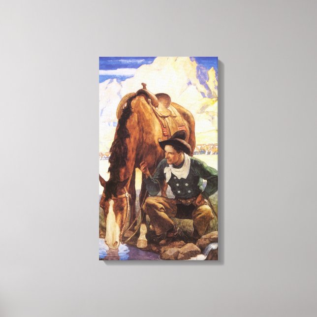 Cowboy Watering Seines Pferdes durch NC Wyeth, Vin Leinwanddruck (Vorderseite)