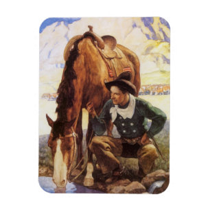 Cowboy Watering Seines Pferdes durch NC Wyeth, Vin Magnet