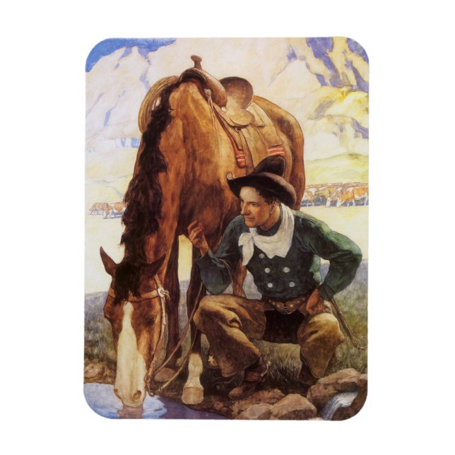 Cowboy Watering Seines Pferdes durch NC Wyeth, Vin Magnet (Vertikal)