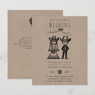 Cowboy Wedding Cartoon Bride Groom Handgezeichnet