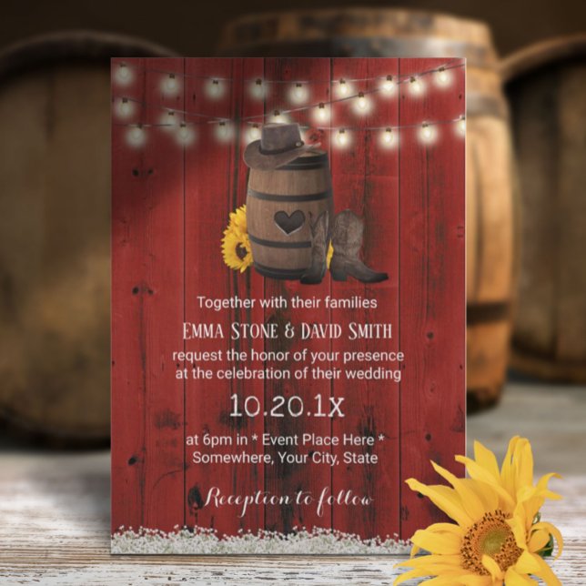 Cowboy Wedding Rustic Sunflower Red Barn Wood Einladung (Von Creator hochgeladen)