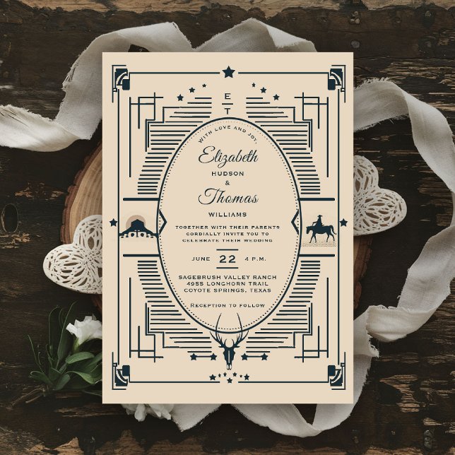 Cowboy Wedding Rustikaler Vintager Western Elegant Einladung (western wedding invitation cowboy cowgirl country rustic ranch barn outdoor vintage southwest desert)