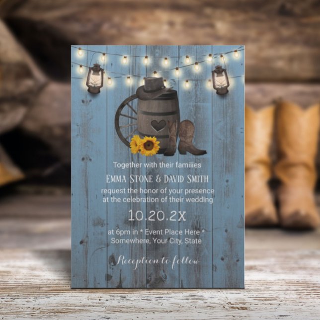 Cowboy Wedding Sunflower Lantern Dusty Blue Wood Einladung (Von Creator hochgeladen)