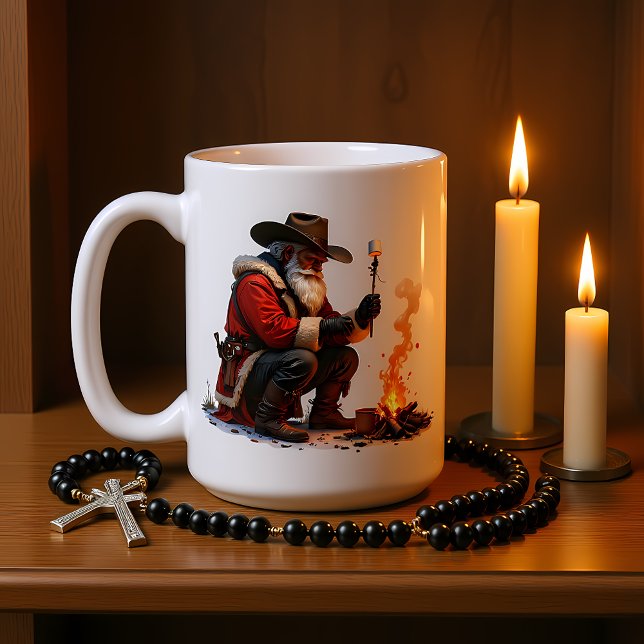 Cowboy-Weihnachtsmann röstet Lagerfeuer-Marshmallo Kaffeetasse (Von Creator hochgeladen)