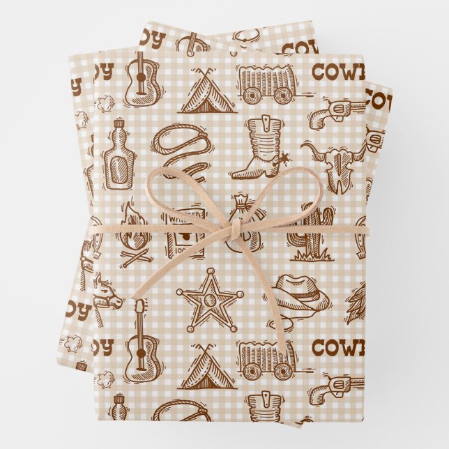 Cowboy Western Birthday Party Gingham Geschenkpapier Set (Beispiel)