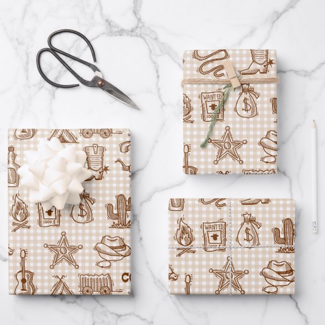 Cowboy Western Birthday Party Gingham Geschenkpapier Set (Vorderseite)