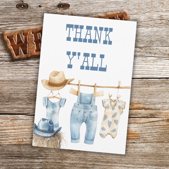 Cowboy Western Clothesline Blue Boy Baby Dusche Dankeskarte (Von Creator hochgeladen)