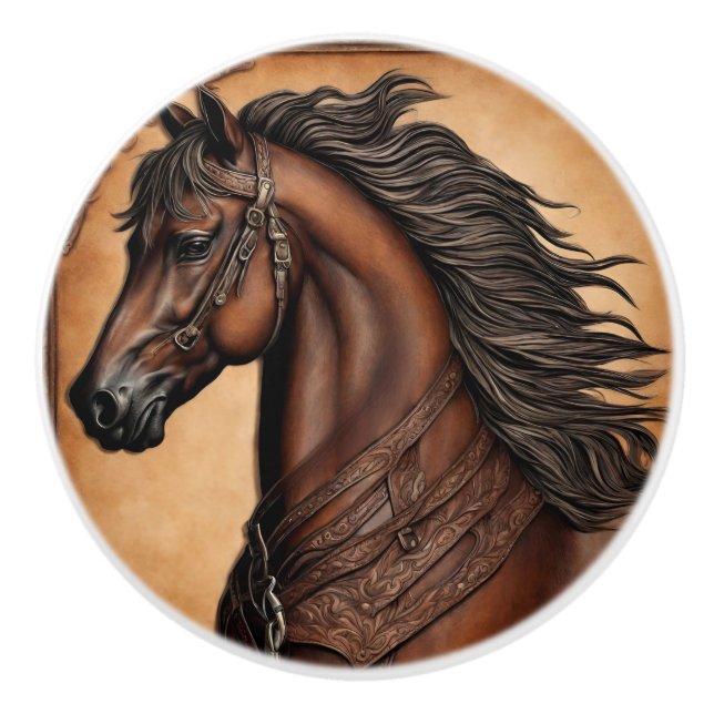 Cowboy Western Country Reittier Brown Pferd Keramikknauf (Vorderseite)