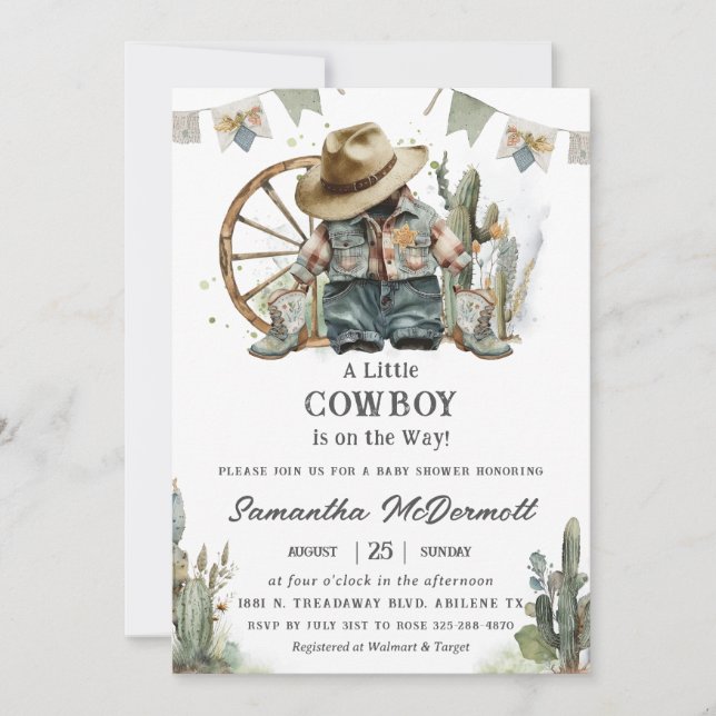 Cowboy Western Hat Boots Denim Boy Baby Shower Einladung (Vorderseite)