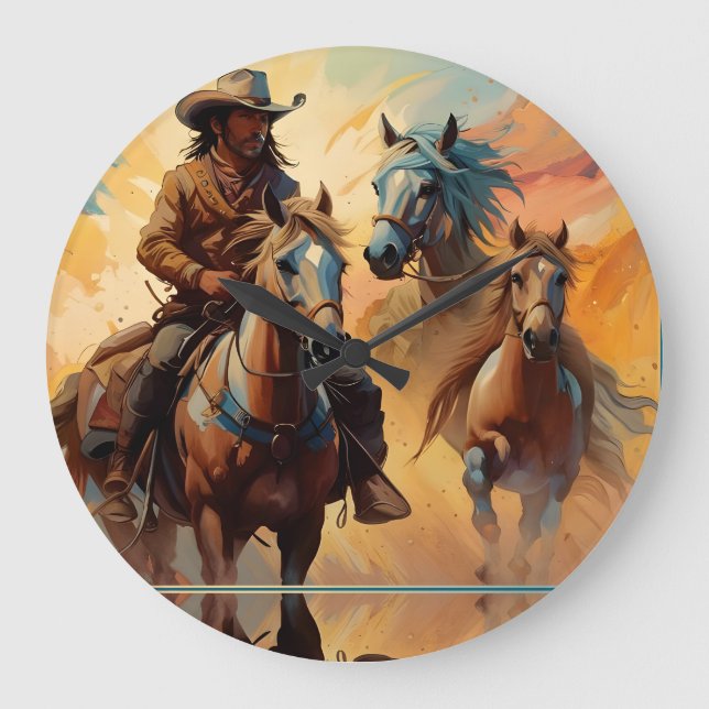 Cowboy Western Horses blue Tan Collage Große Wanduhr (Vorderseite)
