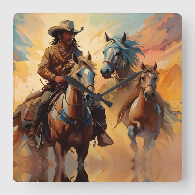 Cowboy Western Horses blue Tan Collage Quadratische Wanduhr (Vorderseite)