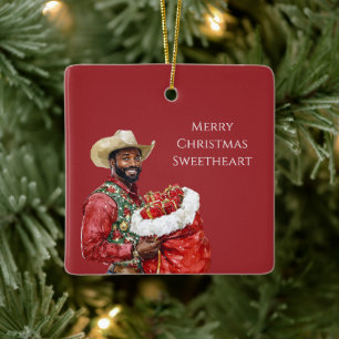Cowboy Western Hut schwarzer Mann Weihnachten Keramikornament