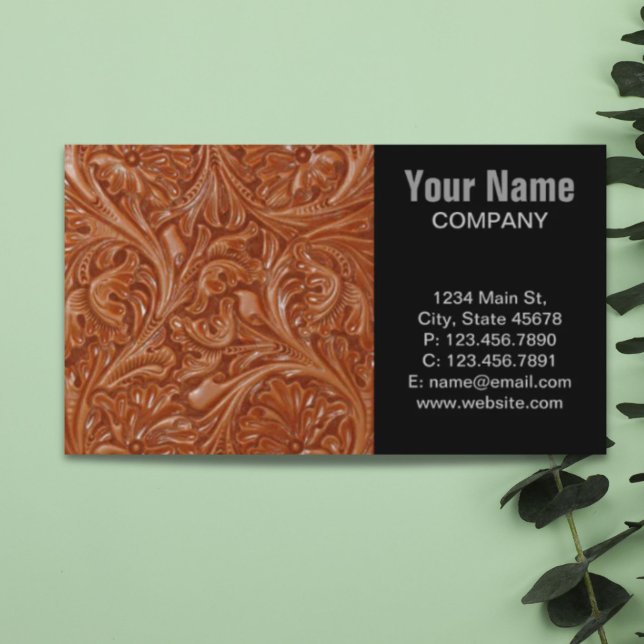 Cowboy-Western-Landmuster aus geflochtenem Leder Visitenkarte (cowboy western country pattern tooled leather business card)