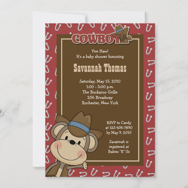 Cowboy Western Monkey 12x18 Baby Dusche Einladung (Vorderseite)