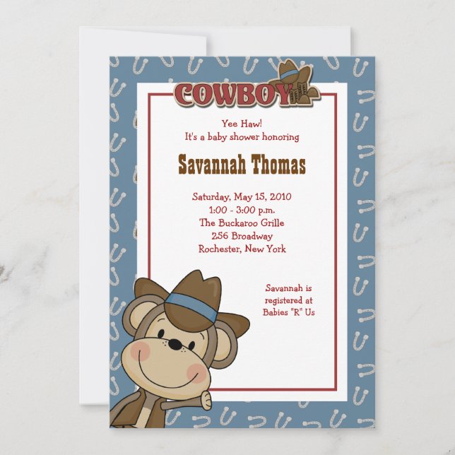 Cowboy Western Monkey 5x7 Baby shower Invitation (Devant)