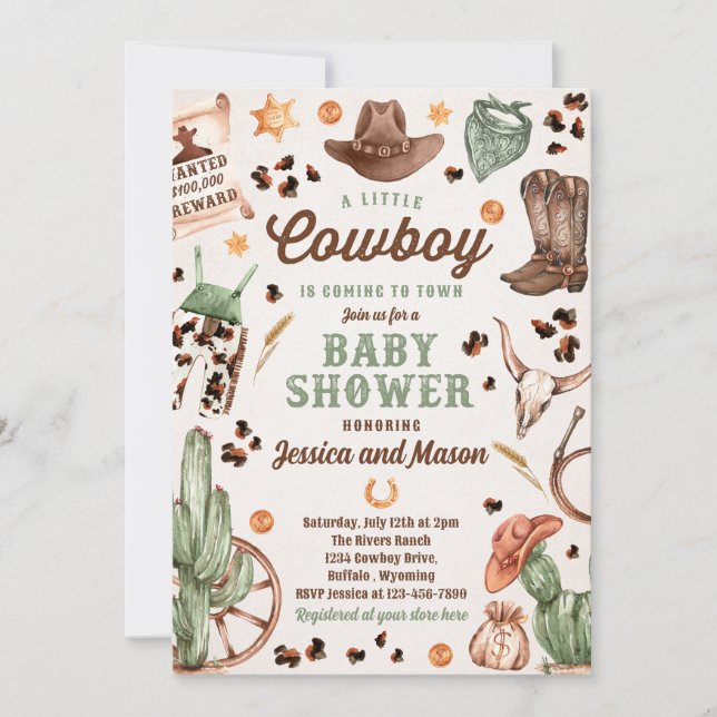 Cowboy Wild West Rodeo Ranch Boy Baby Dusche Einladung (Vorderseite)