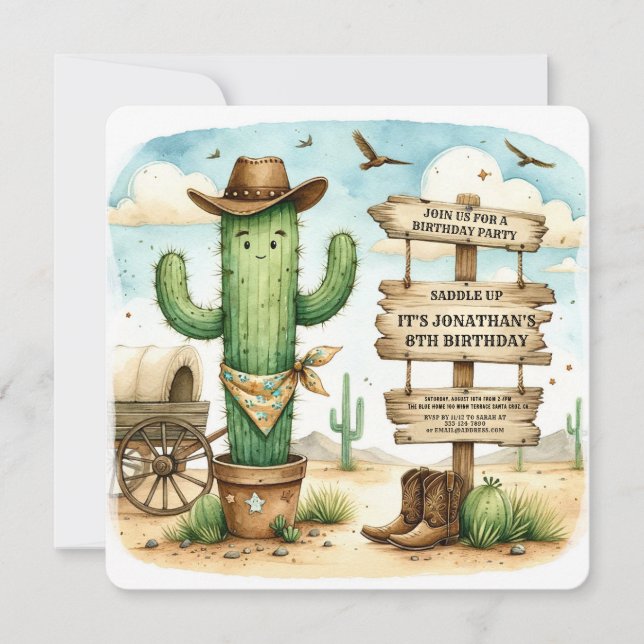 Cowboy Wild Western Cactus Birthday Party Einladung (Vorderseite)
