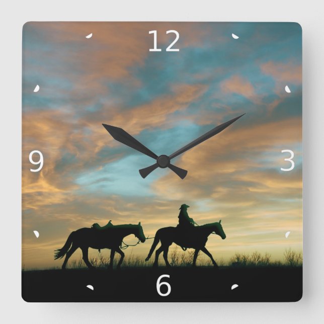 COWBOY WITH HORSE QUADRATISCHE WANDUHR (Vorderseite)