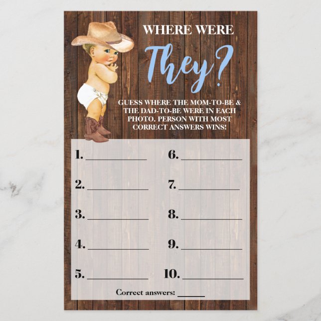 Cowboy Wo waren sie Blue Baby Dusche Spielkarte Flyer (Vorne)