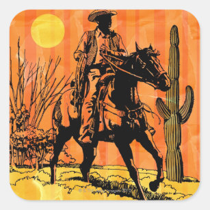 Cowboyreiten zu Pferde in der Wüste Quadratischer Aufkleber