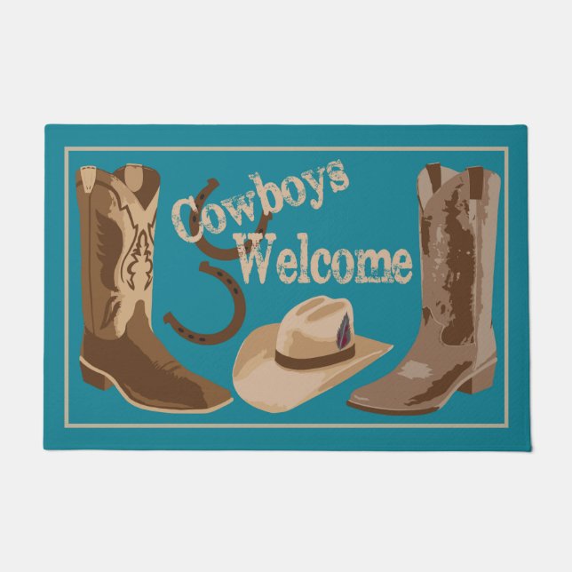 Cowboys begrüßen Türkis Aquamarin Blue Brown Boots Fußmatte (Vorderseite)