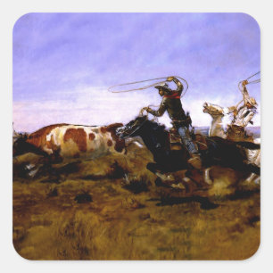 „Cowboys beim Einfangen eines Stiers“ von Charles  Quadratischer Aufkleber