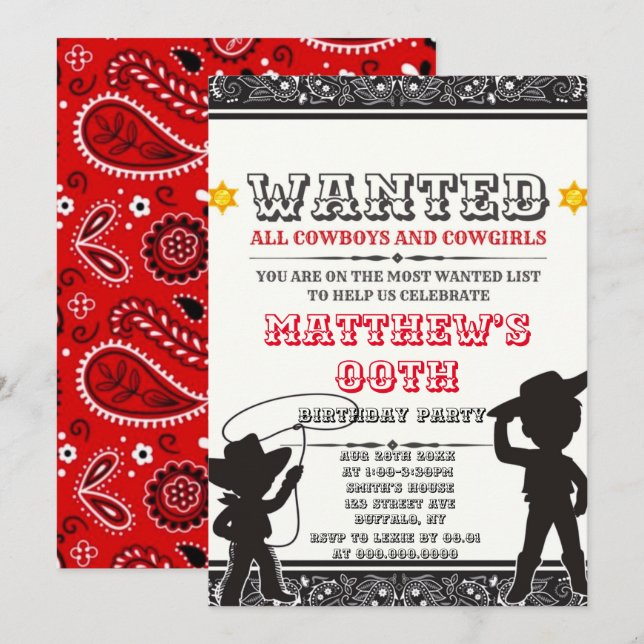 Cowboys & Cowgirls Bandana Invitations de fête d'a (Devant / Derrière)