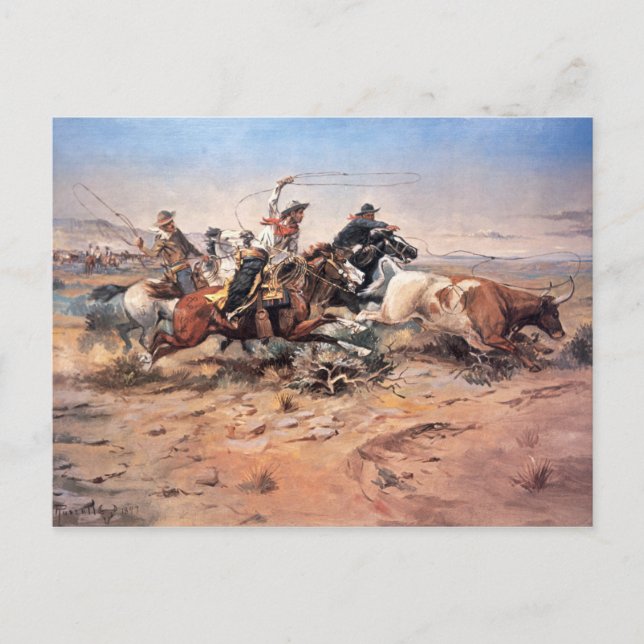 Cowboys, die eine Ochse anziehen, 1897 (Öl auf Lei Postkarte (Vorderseite)
