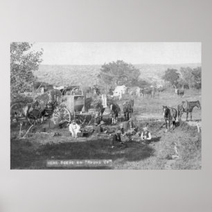 Cowboys, die um eine Campingplatz-Fotografie essen Poster