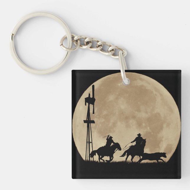 Cowboys mit Steer und Windmill und Mond Schlüsselanhänger (Vorderseite)