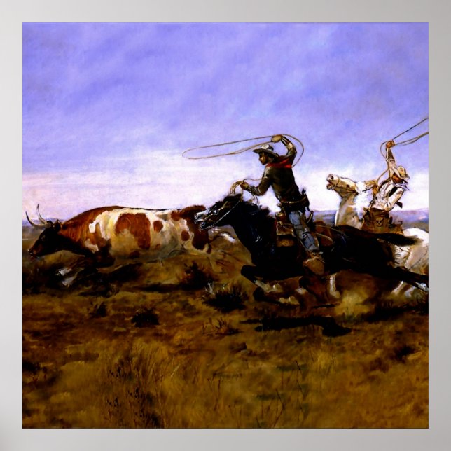 "Cowboys Roping a Steer" von Charles M Russell Poster (Vorne)