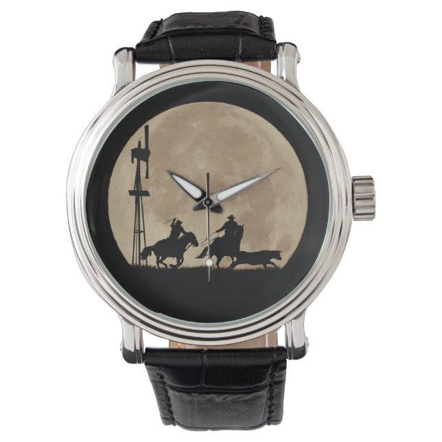 Cowboys Roping Stee und Pferde Vollmond Armbanduhr (Vorderseite)