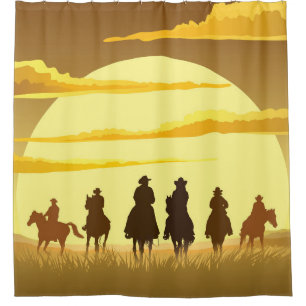 Cowboys Silhouette, die gegen die Sonne galoppiere Duschvorhang