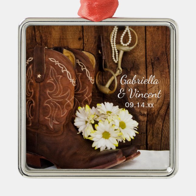 Cowboystiefel, Daisies Horse Bit Country Wedding Silbernes Ornament (Vorne)