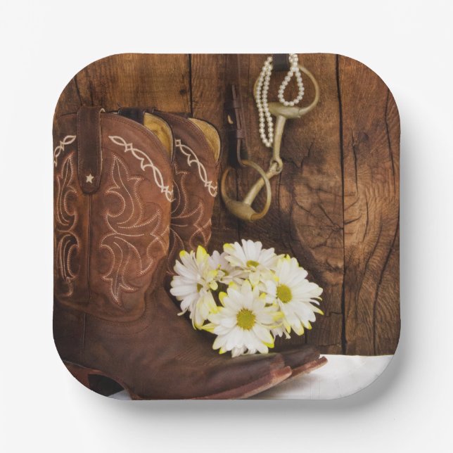 Cowboystiefel, Daisis und Reiter-Bit-Ranch Pappteller (Vorderseite)