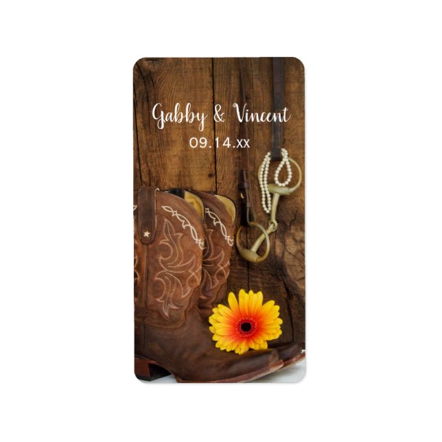 Cowboystiefel, Daisy und Horse Bit Country Wedding Adressaufkleber (Vorne)