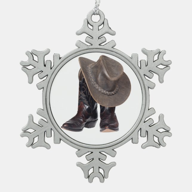 Cowboystiefel und Hut Schneeflocken Zinn-Ornament (Vorderseite)